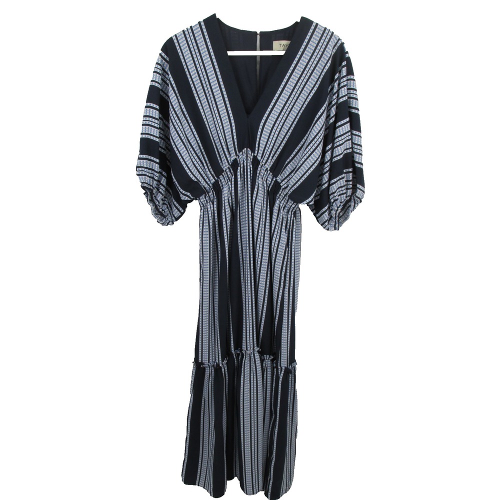 Taylor Maxi Peasant Dress Womens 4 Blue Stripe Bohemian V-Neck Balloon Sleeve